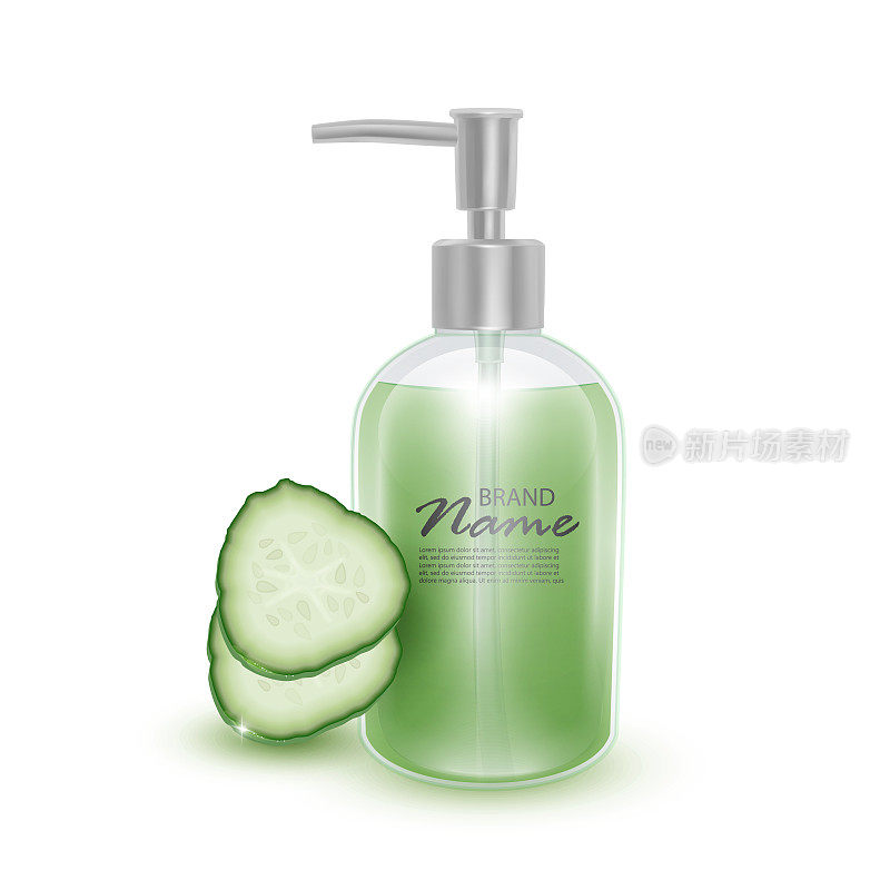 Realistic bottle in 3d with soap pump on a Juicy cucumber background Cosmetic bottle with shampoo, template for cosmetic business, advertising and promotion